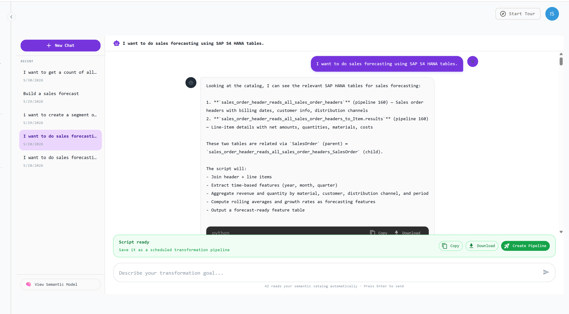 AI Builder chat generating a PySpark transformation script from a plain-language goal