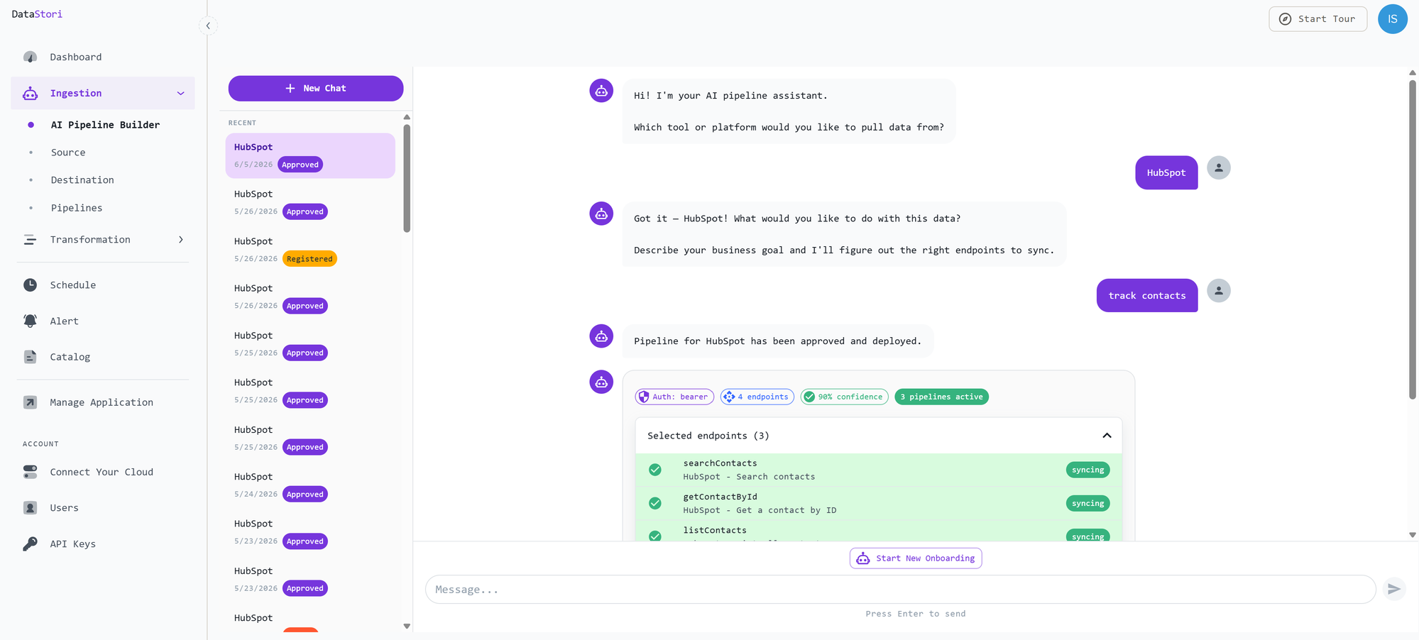 AI Pipeline Builder chat onboarding a HubSpot application and proposing the endpoints and pipelines to create