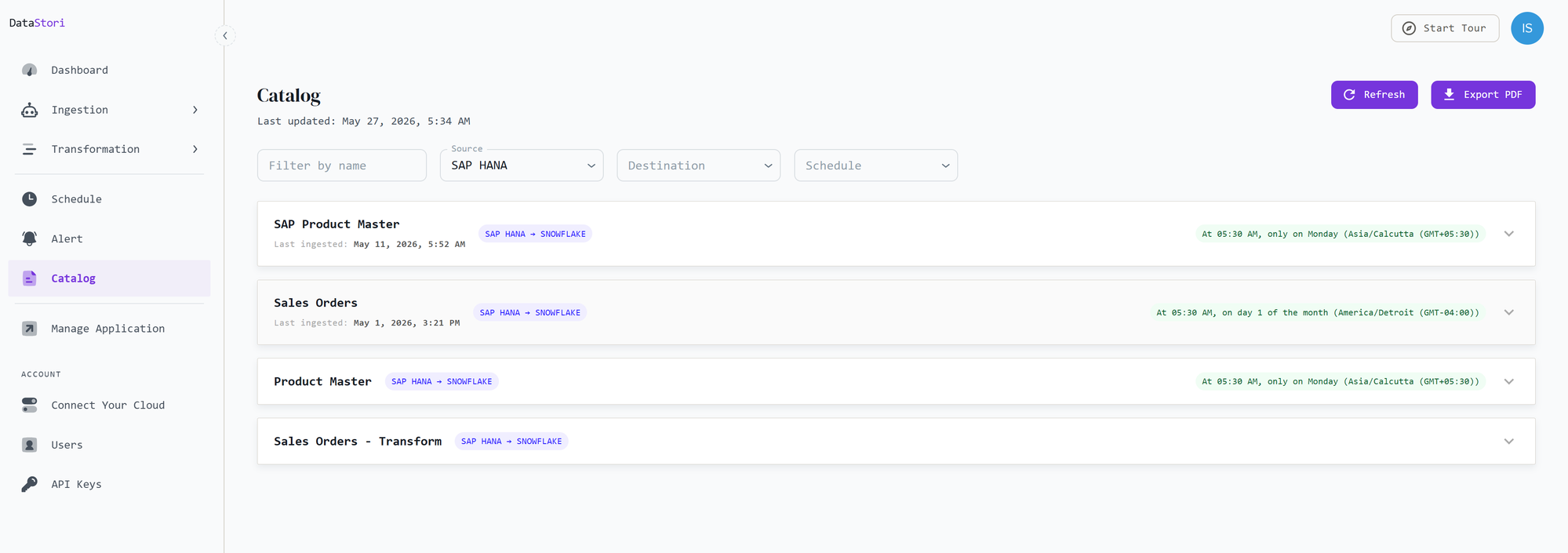 Catalog list of datasets showing source-to-destination mapping, last ingested time, and schedule for each pipeline