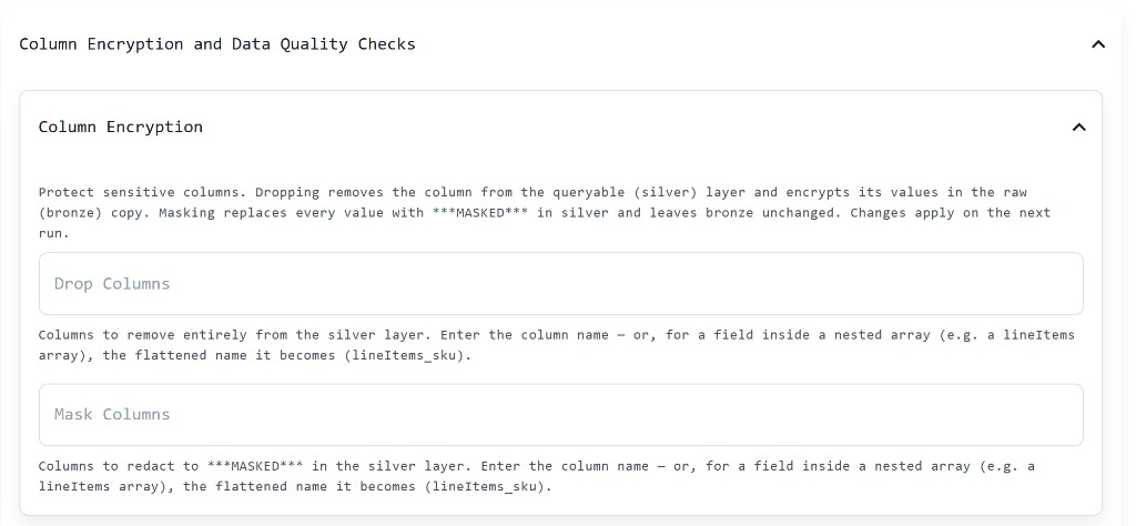 Column Encryption settings for dropping and masking columns before they are written to the lakehouse