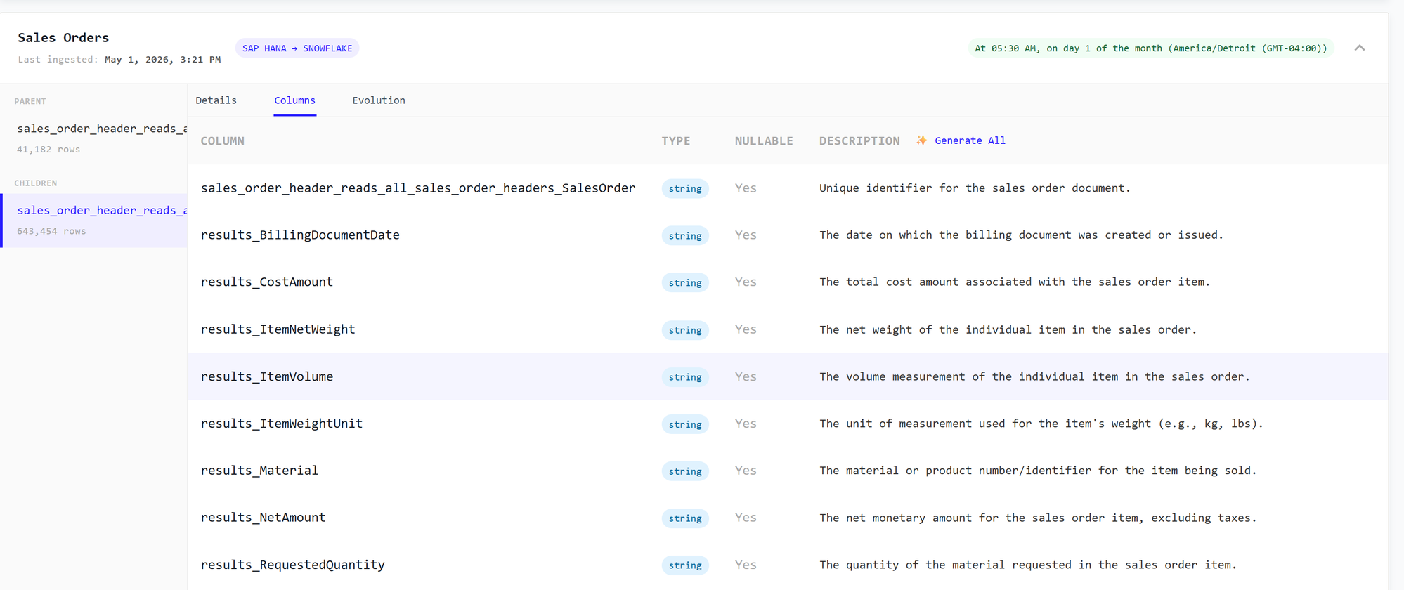 Columns tab listing each column with its type, nullable flag, and description, with a Generate All option