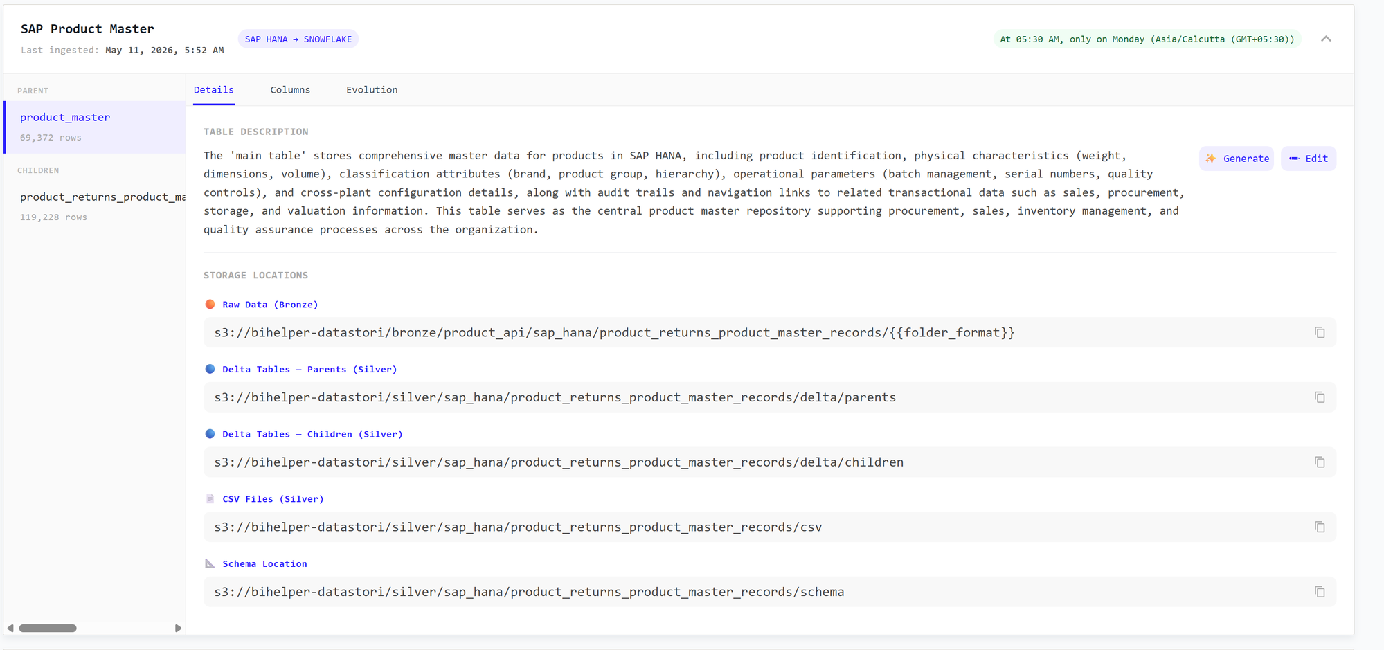 Dataset Details tab showing the table description, row counts, and storage locations for the bronze and silver layers