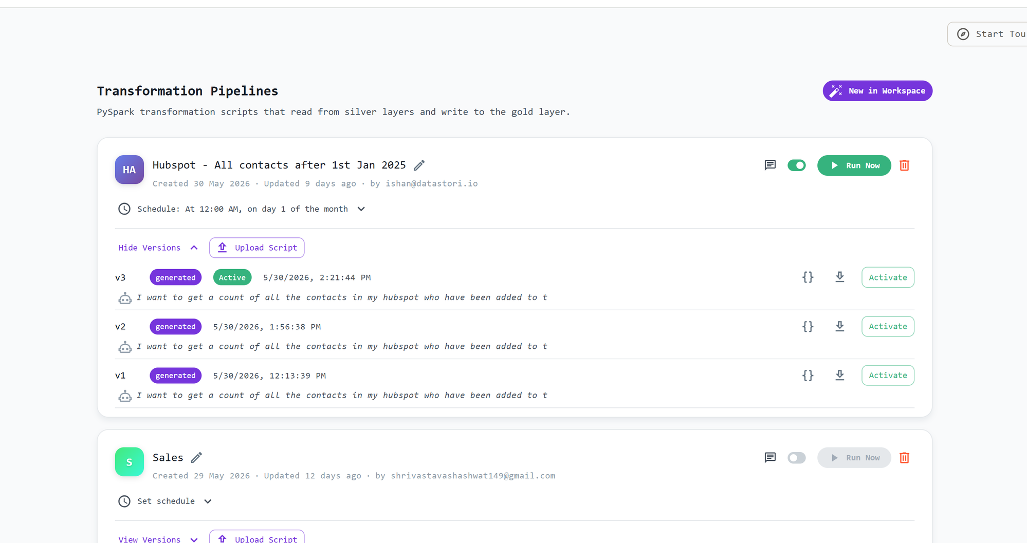 Transformation Pipelines list showing scheduled pipelines with multiple script versions and the active version selected